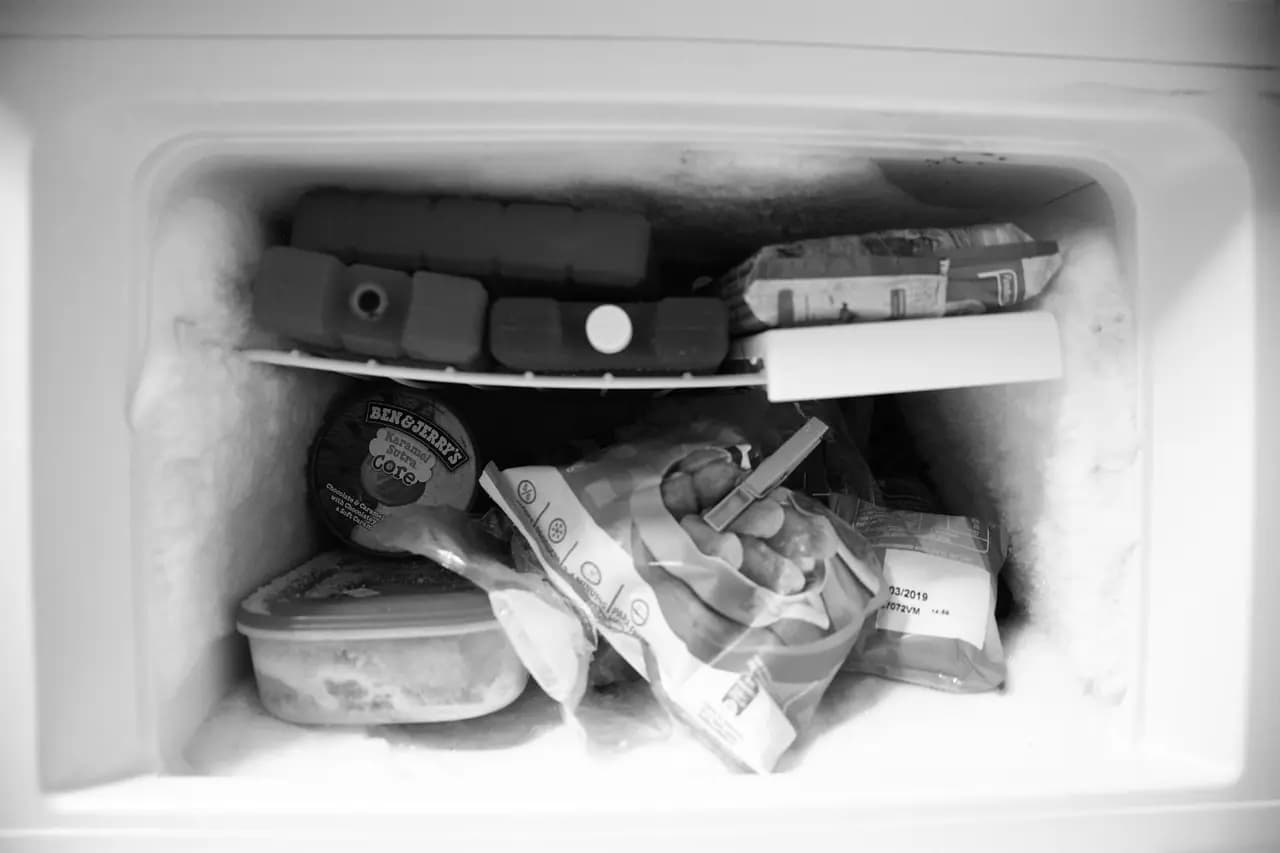 Black-and-white photo of a freezer compartment whose walls are coated in thick frost around packed frozen food